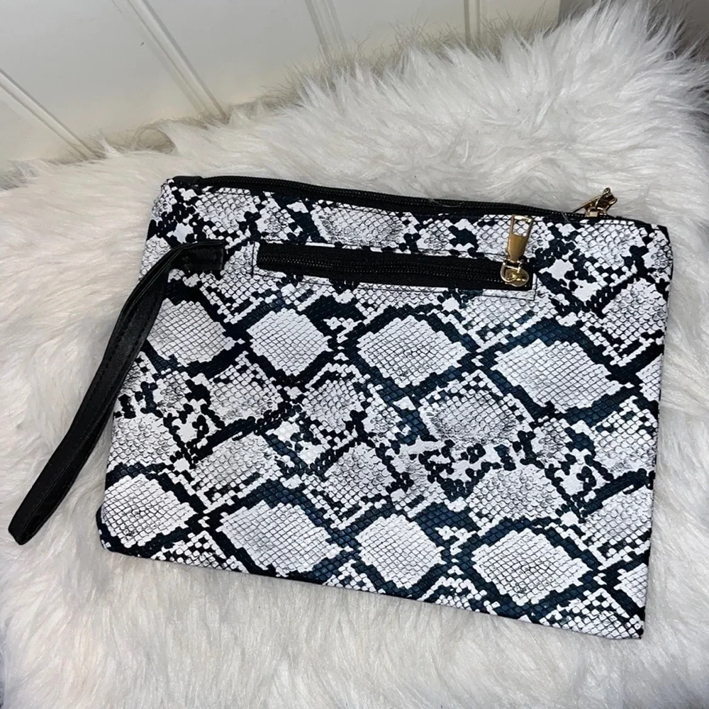 FAUX leather black white snakeskin print wristlet